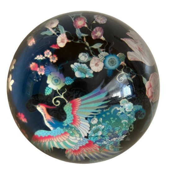 Clear Glass Dome Paperweight With Floral & Phoenix Design Black Background - Picture 4 of 7